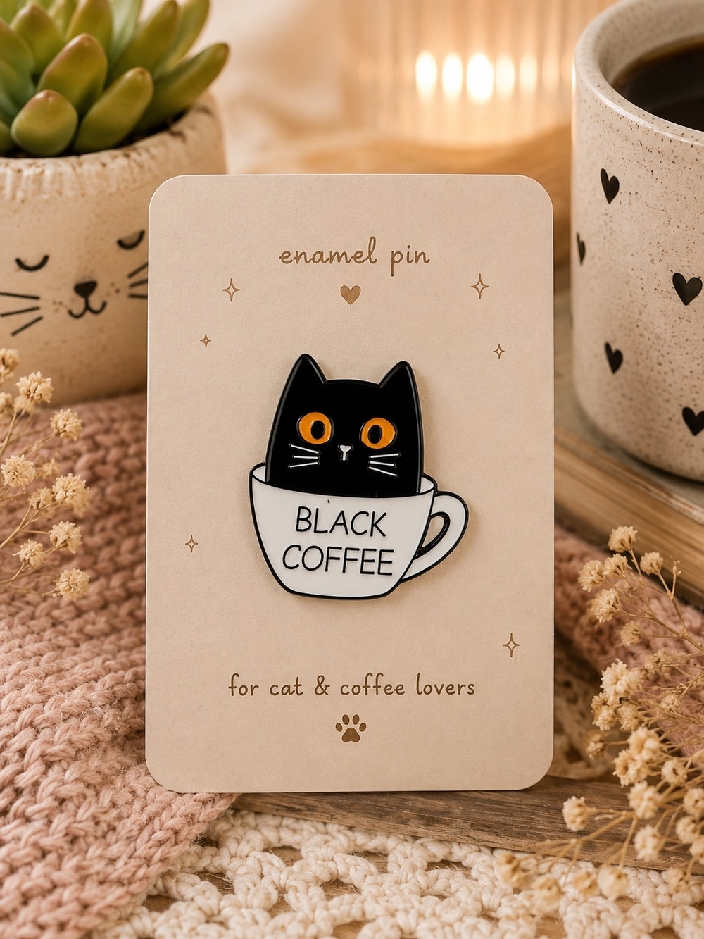 Enamel Pin - Black Cat in White Coffee Cup Black Coffee New